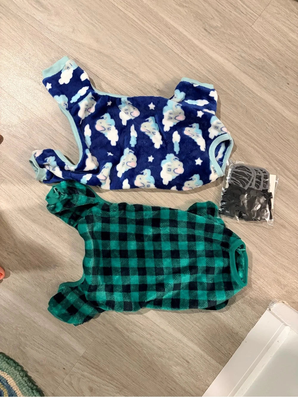 Blue Cloud Fleece Pet Onesie & Green Plaid Pet Jumpsuit, fit 20lb dog & booties